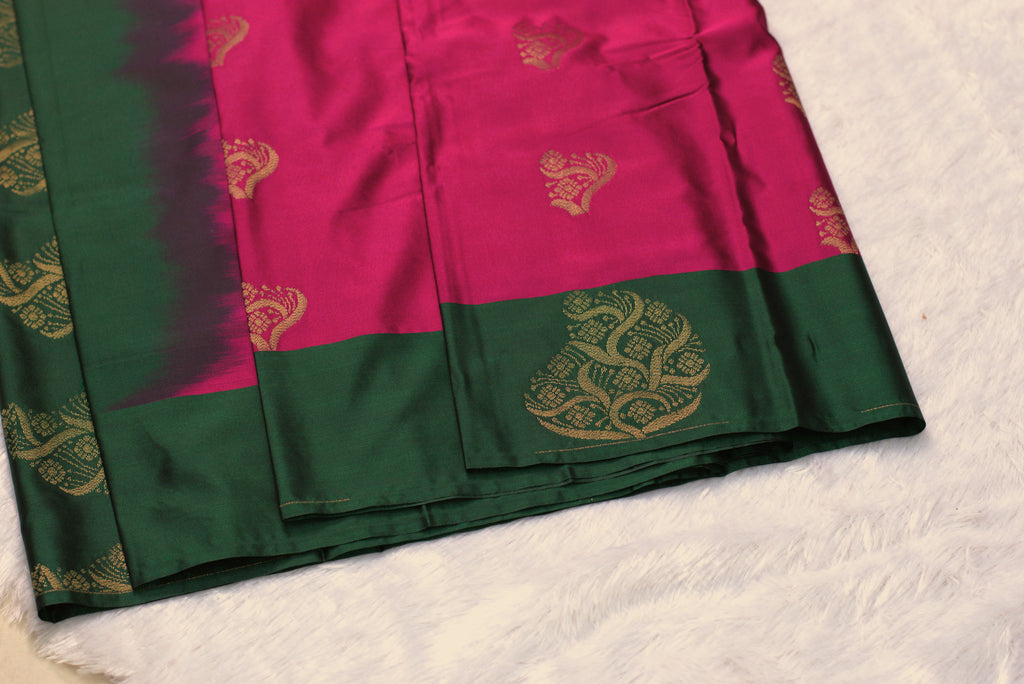Magenta & Green Semi Silk Saree with Gold Zari Motifs