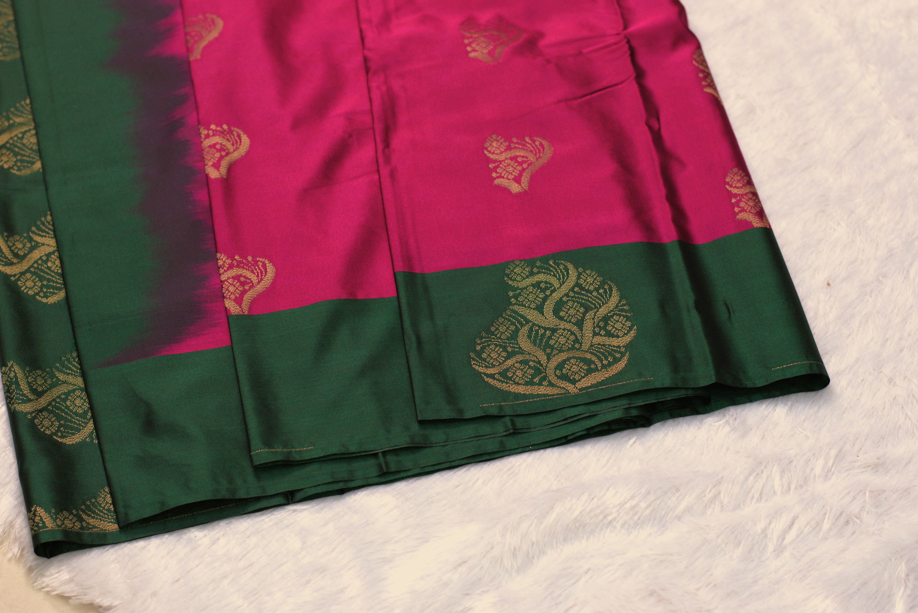 Magenta & Green Semi Silk Saree with Gold Zari Motifs