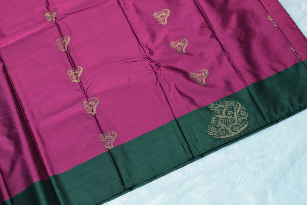 Magenta & Green Semi Silk Saree with Gold Zari Motifs