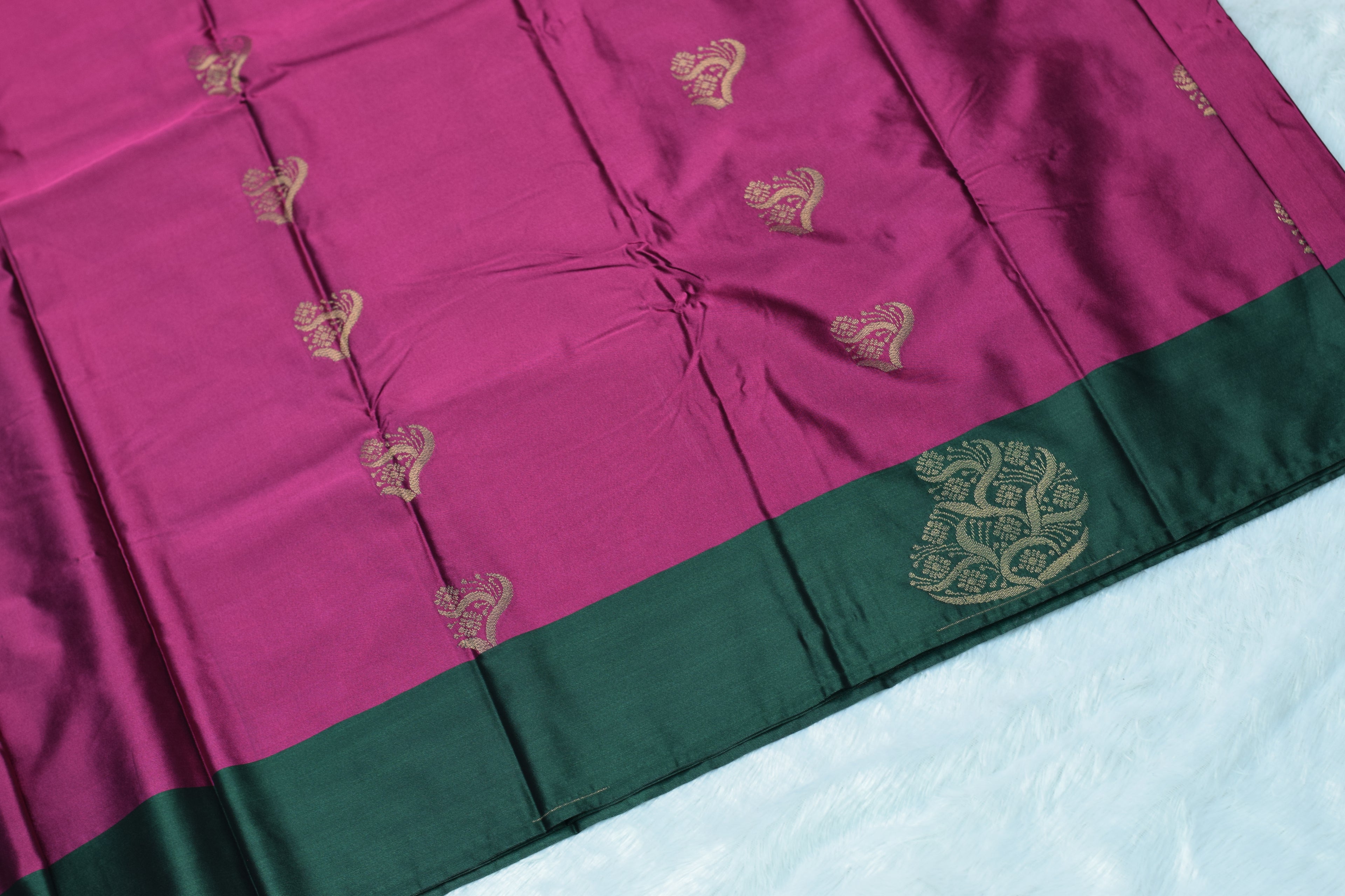 Magenta & Green Semi Silk Saree with Gold Zari Motifs