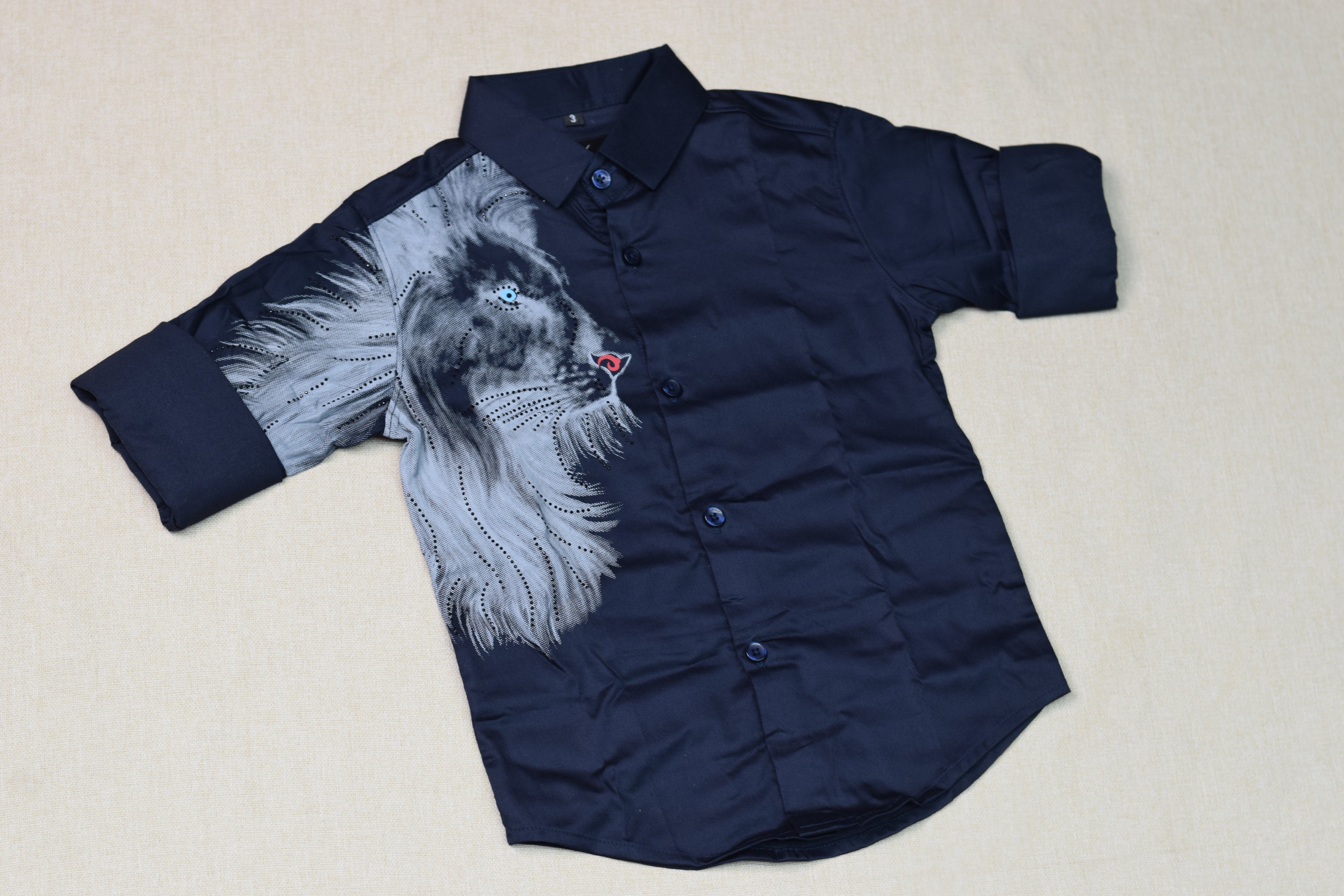 Kids Navy Blue Full Sleeve Lion Print Party Shirt