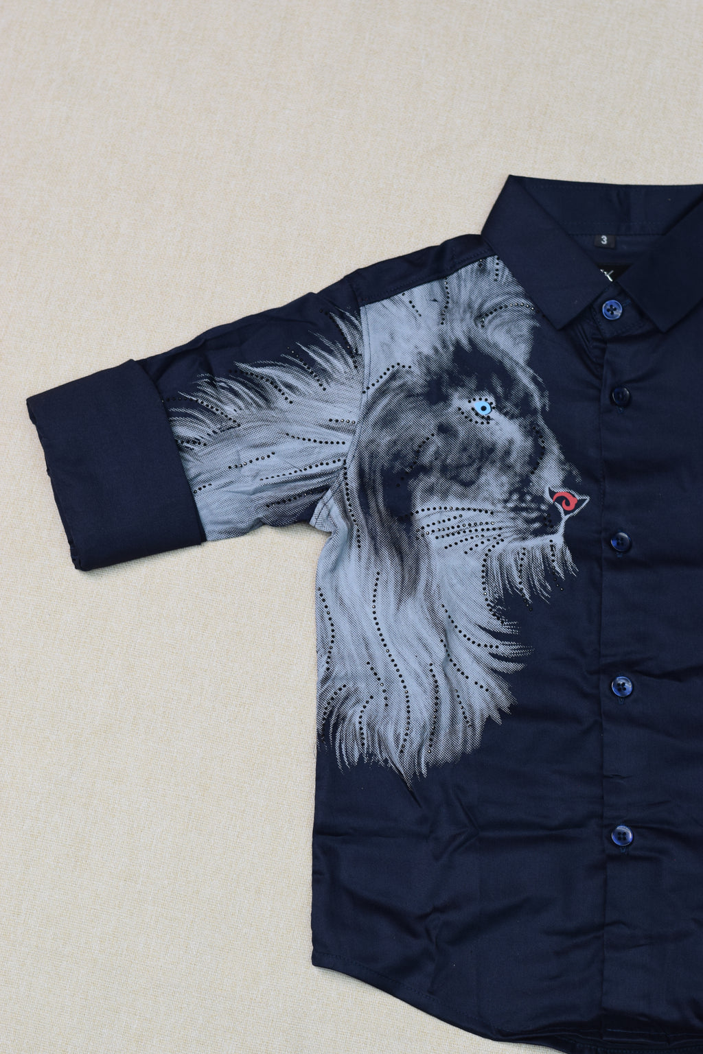 Kids Navy Blue Full Sleeve Lion Print Party Shirt