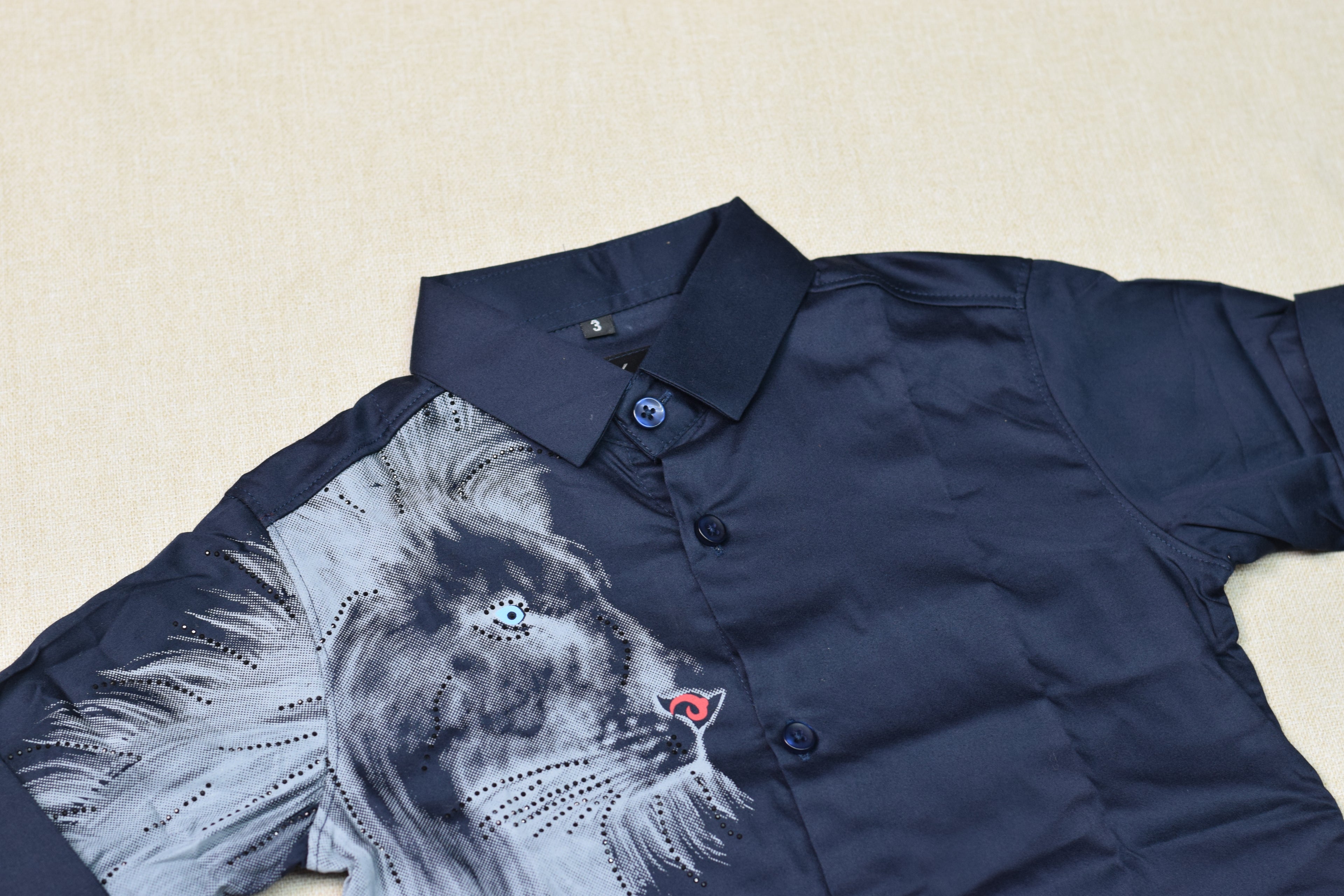 Kids Navy Blue Full Sleeve Lion Print Party Shirt