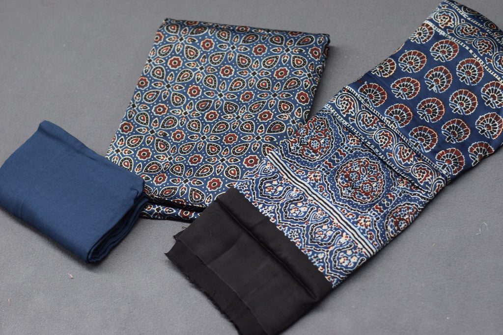 Navy Blue Modal Silk Churidar Material Set with Traditional Print