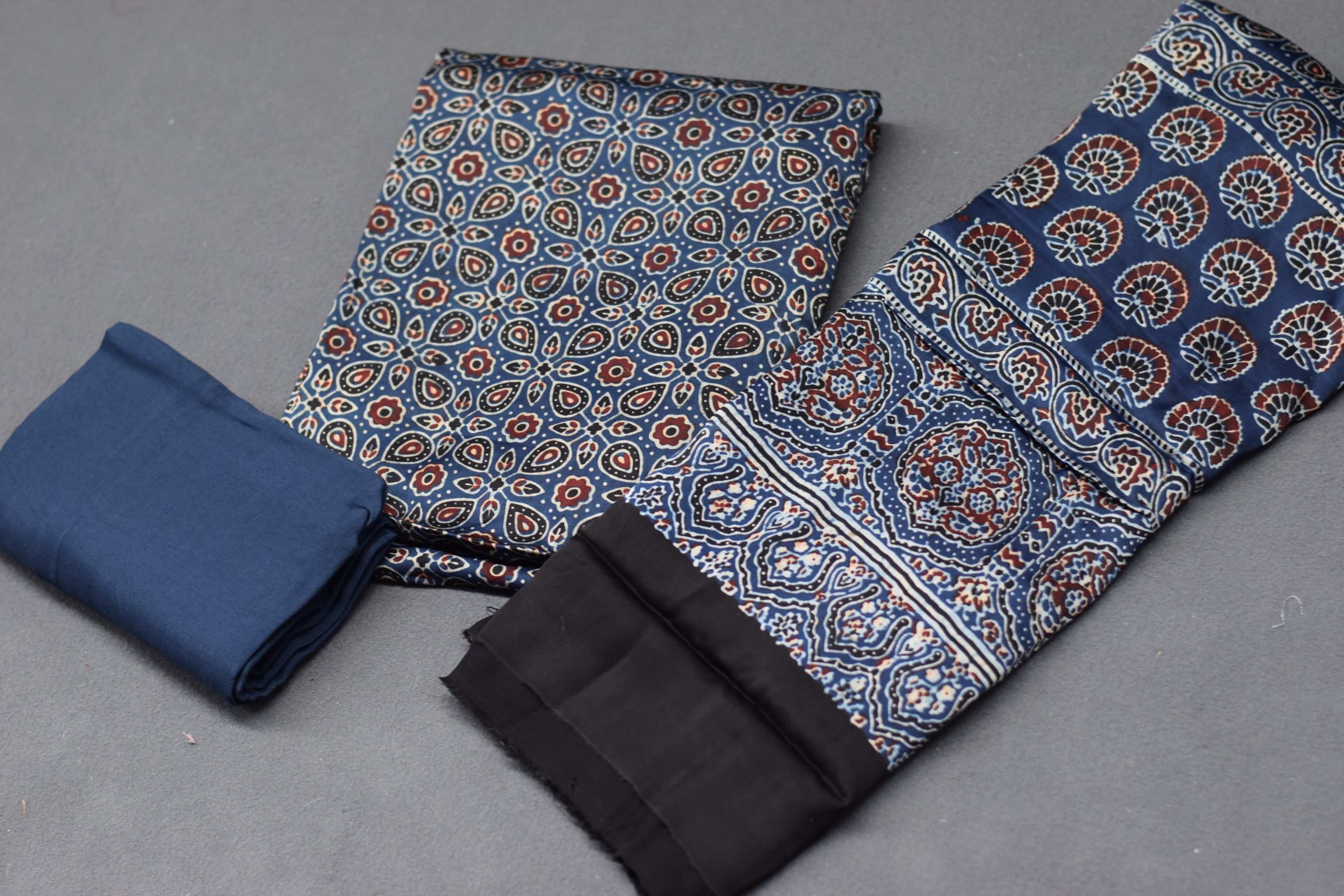 Navy Blue Modal Silk Churidar Material Set with Traditional Print