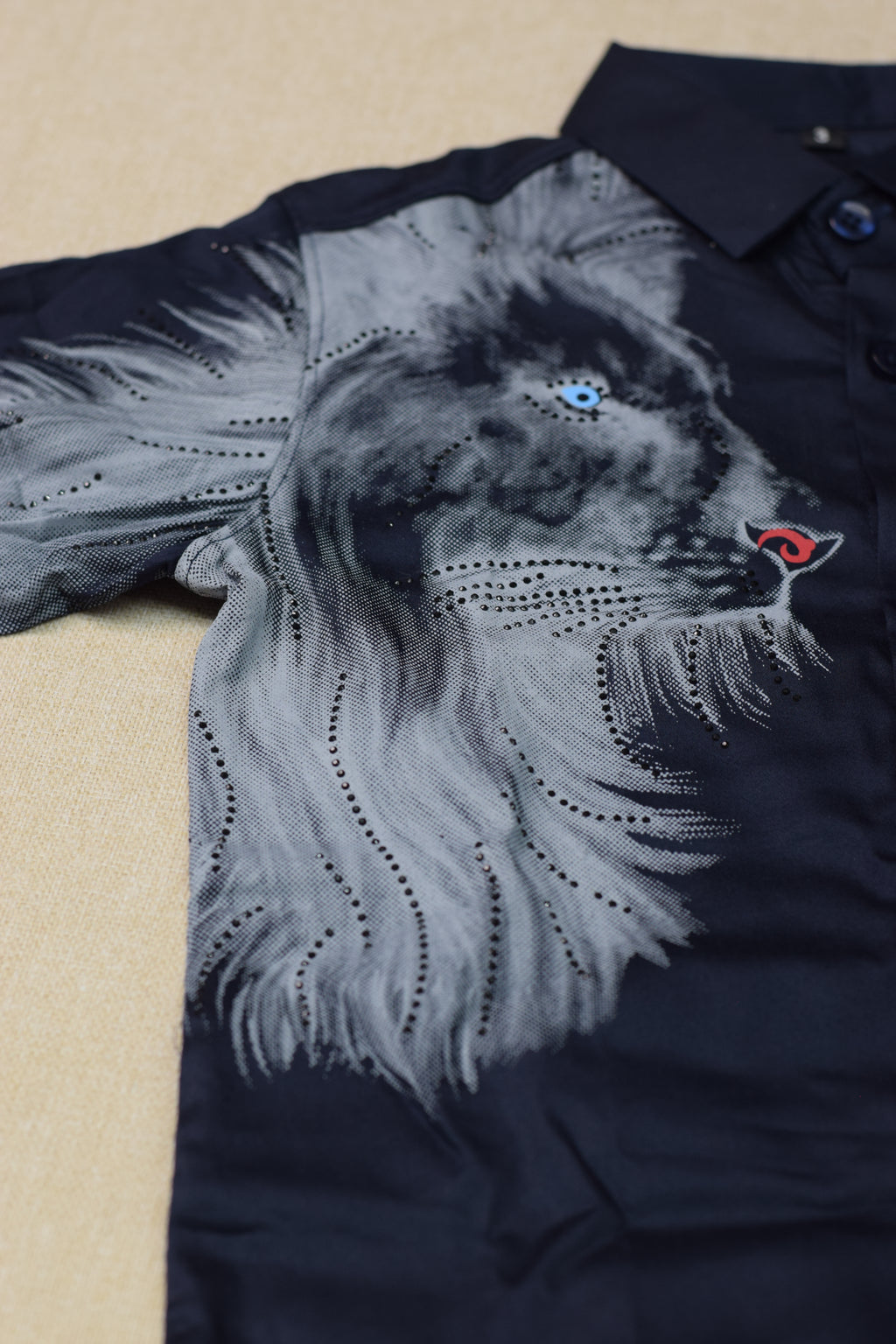 Kids Navy Blue Full Sleeve Lion Print Party Shirt