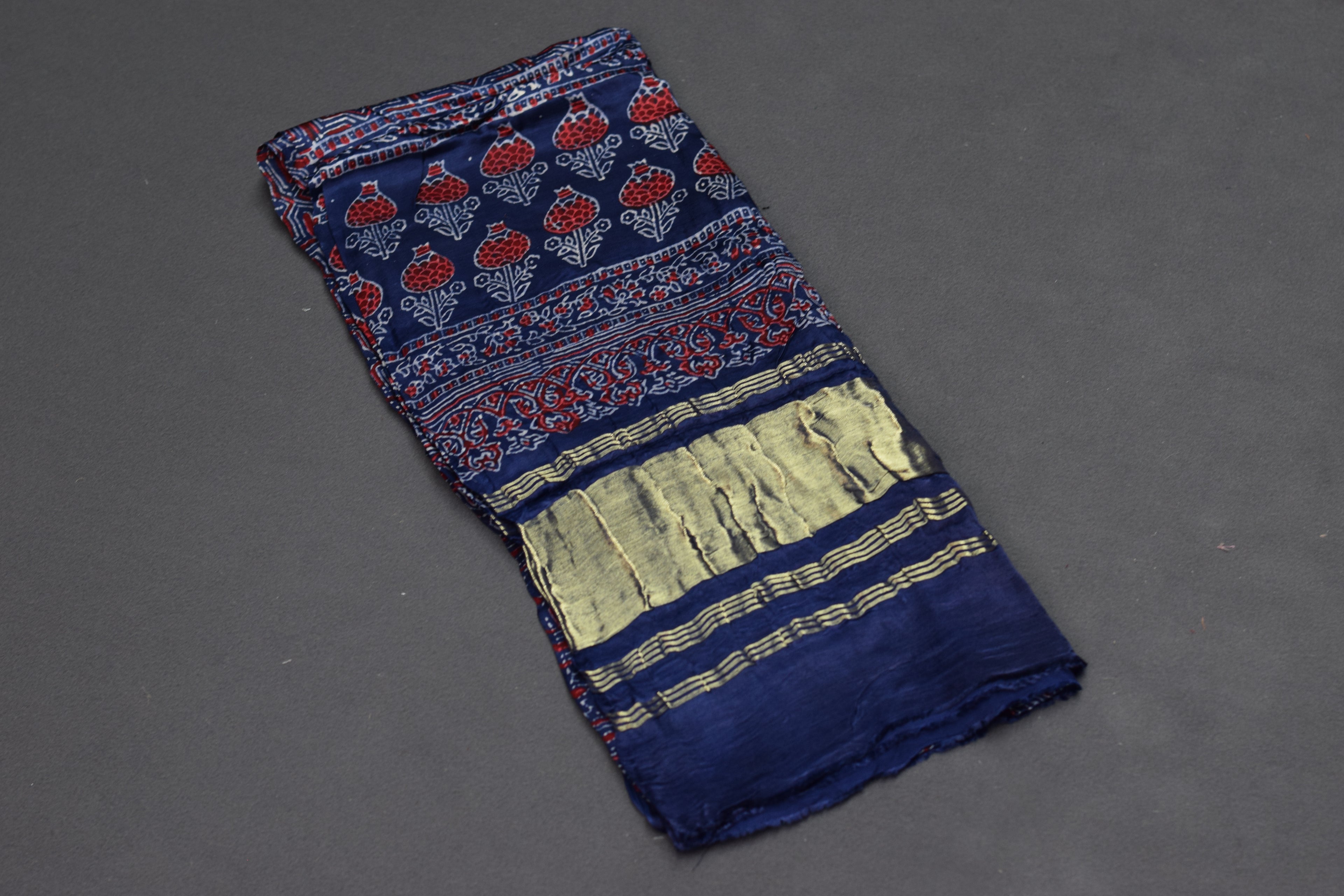 Navy Blue Modal Silk Churidar Material Set with Floral Print & Dupatta