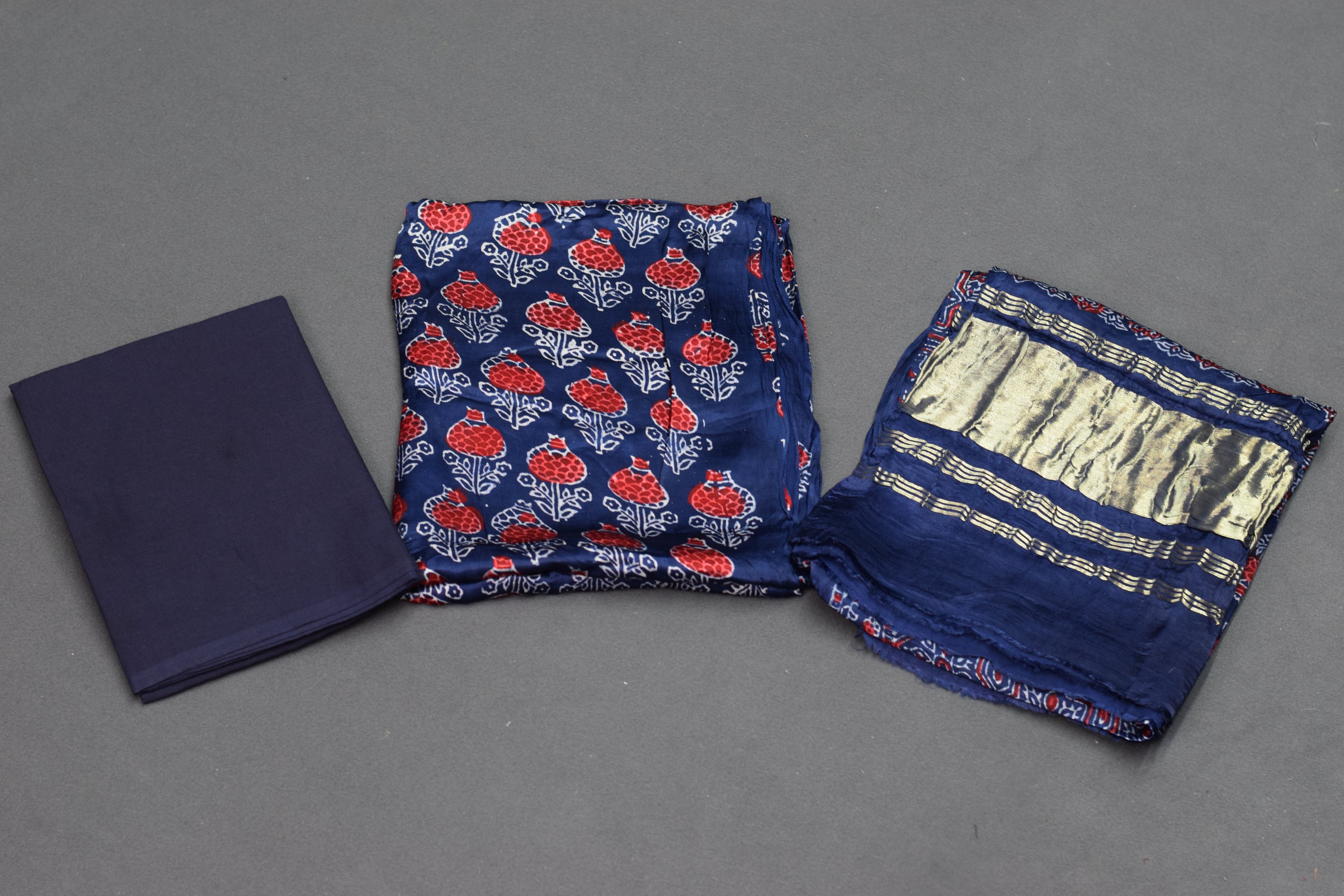 Navy Blue Modal Silk Churidar Material Set with Floral Print & Dupatta