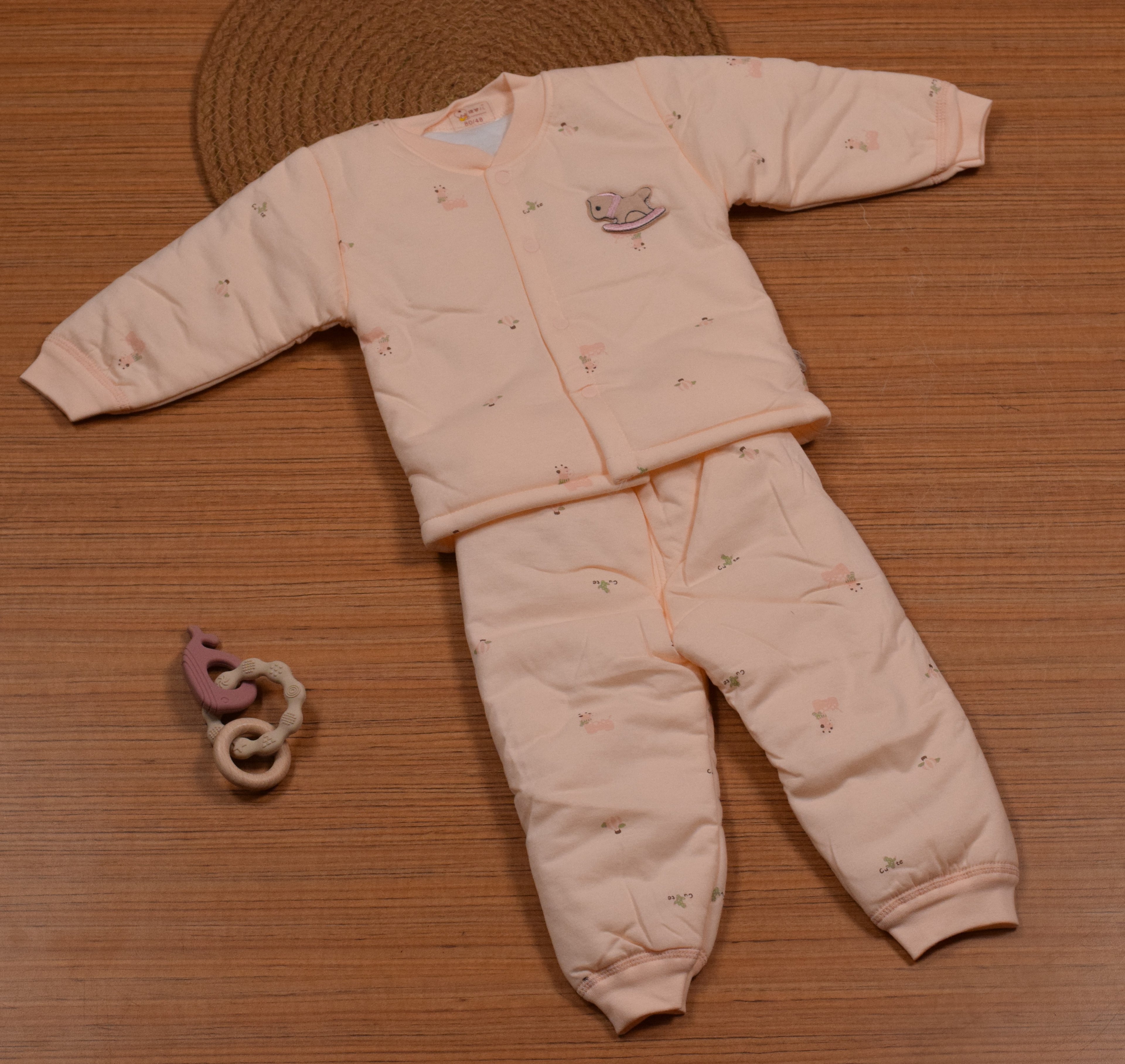 Imported Baby Winter Romper Set with Press Button Closure – Light Baby Peach (9–12 Months)