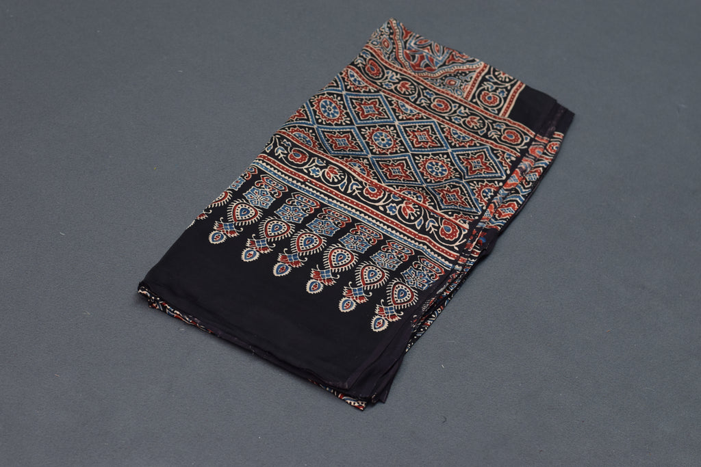 Midnight Blue Modal Silk Churidar Material Set with Traditional Printed Dupatta