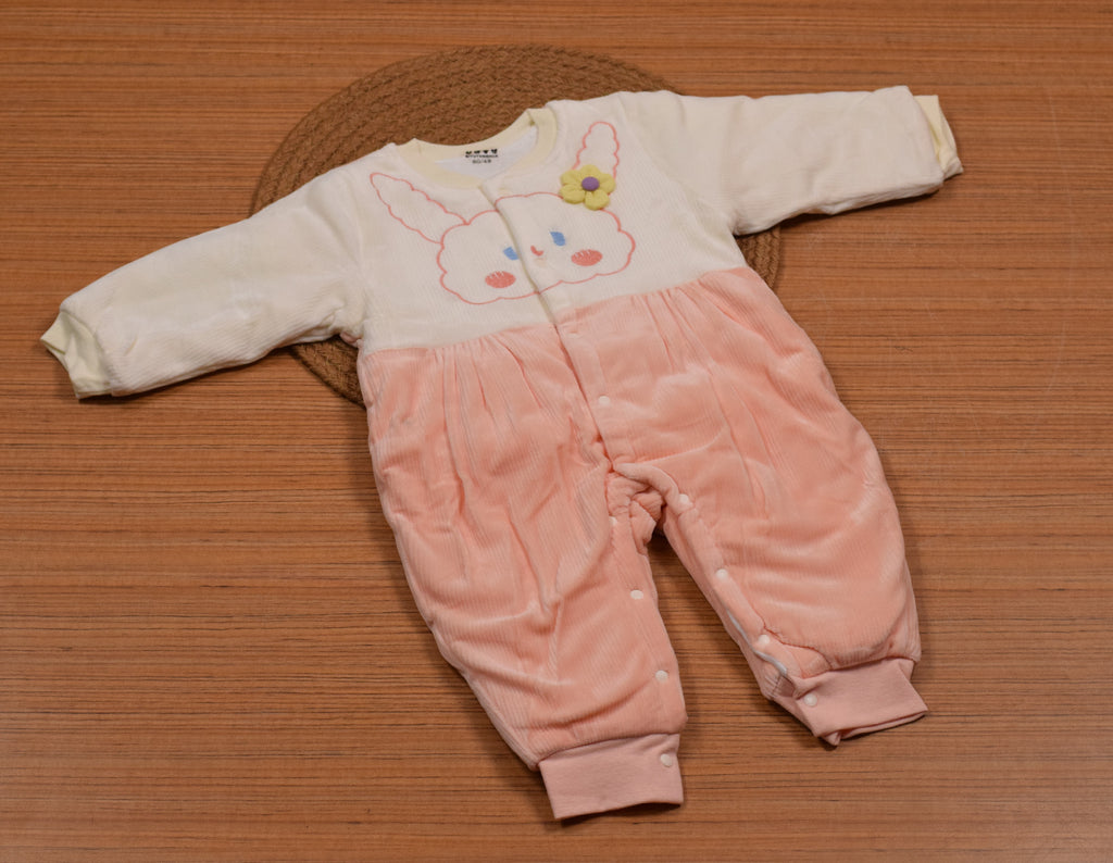 Imported Baby Winter Romper with Button Closure – Light Peach & Cream Bunny Design | 9–12 Months