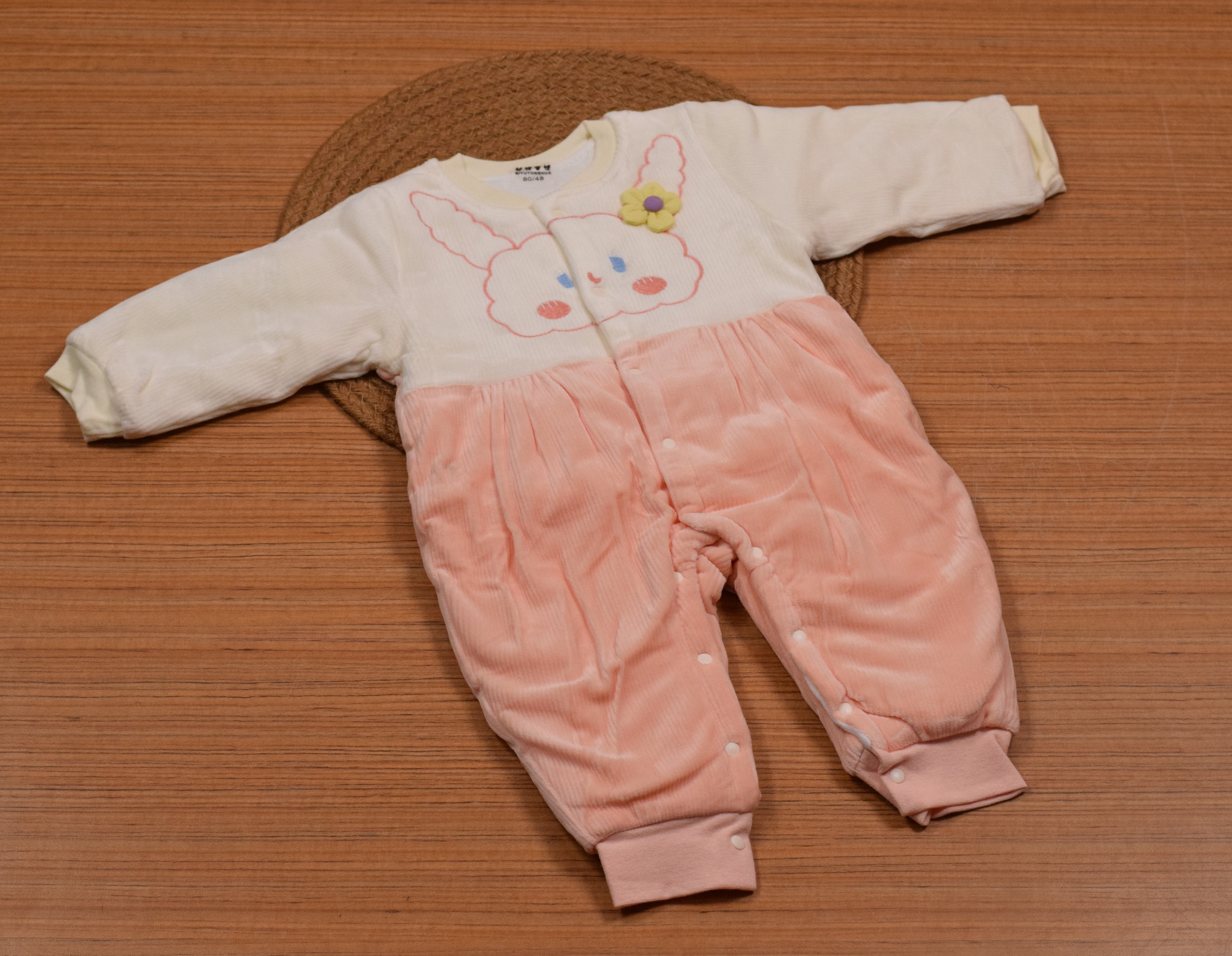 Imported Baby Winter Romper with Button Closure – Light Peach & Cream Bunny Design | 9–12 Months