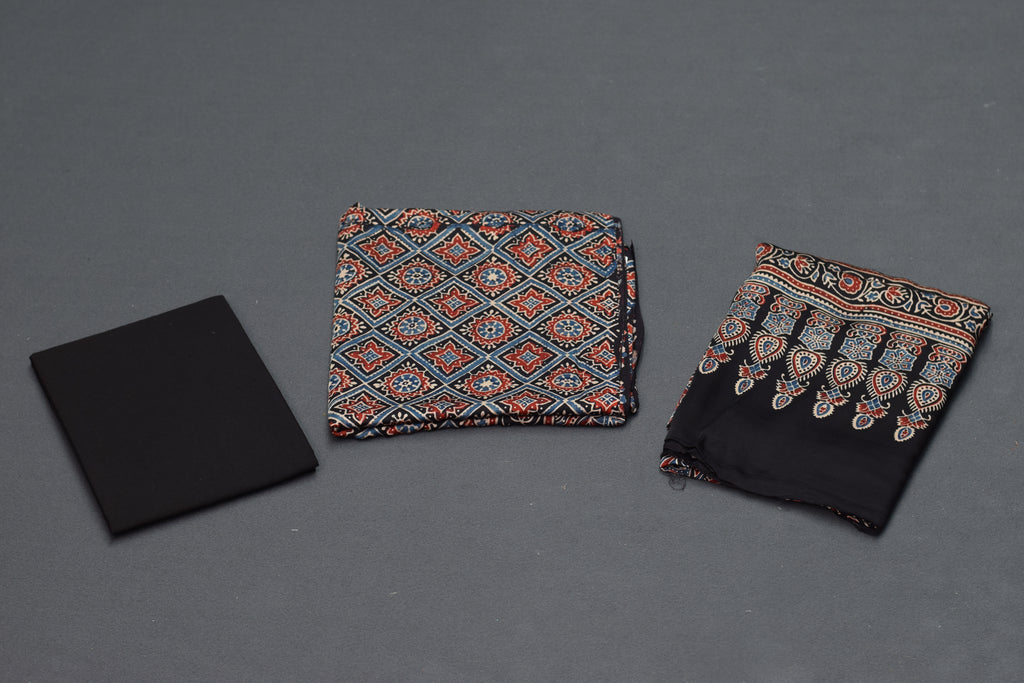 Midnight Blue Modal Silk Churidar Material Set with Traditional Printed Dupatta