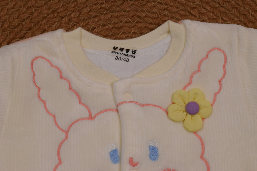 Imported Baby Winter Romper with Button Closure – Light Peach & Cream Bunny Design | 9–12 Months