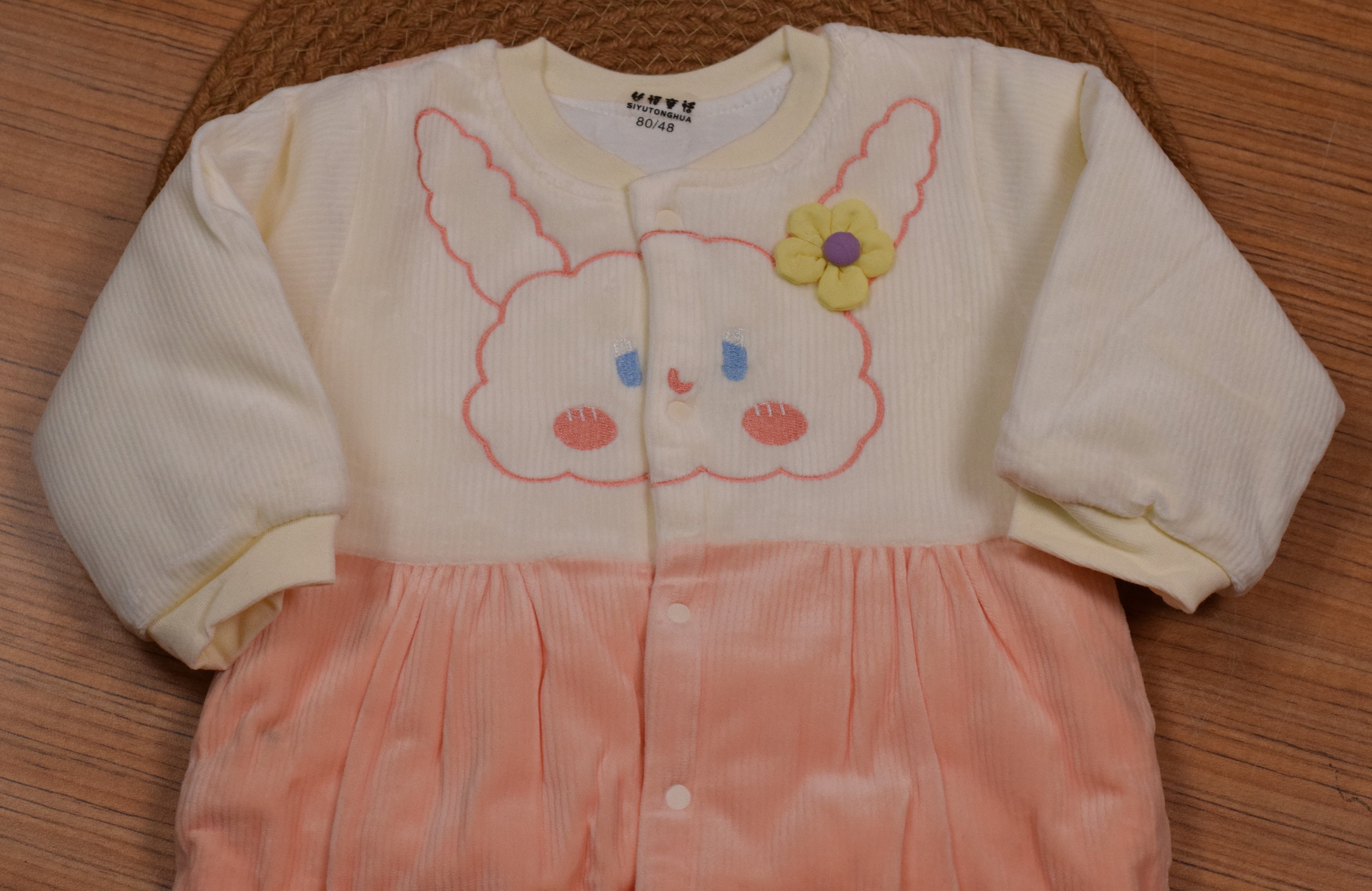 Imported Baby Winter Romper with Button Closure – Light Peach & Cream Bunny Design | 9–12 Months