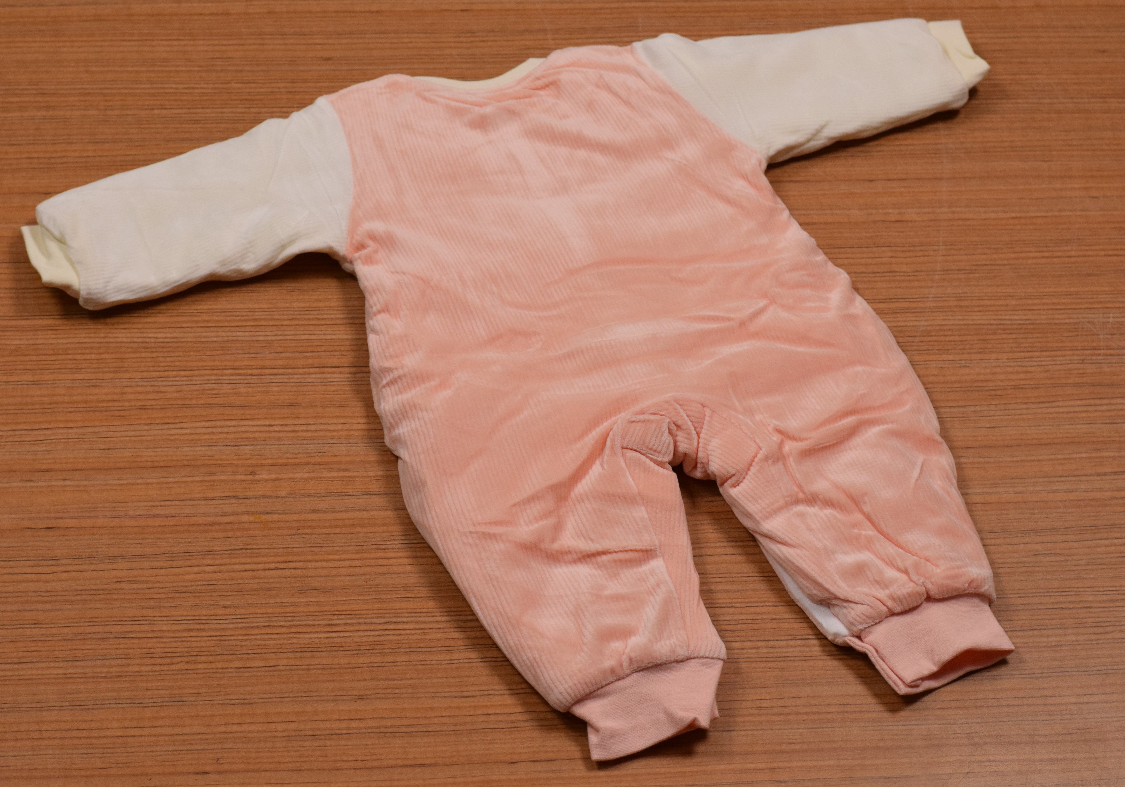 Imported Baby Winter Romper with Button Closure – Light Peach & Cream Bunny Design | 9–12 Months