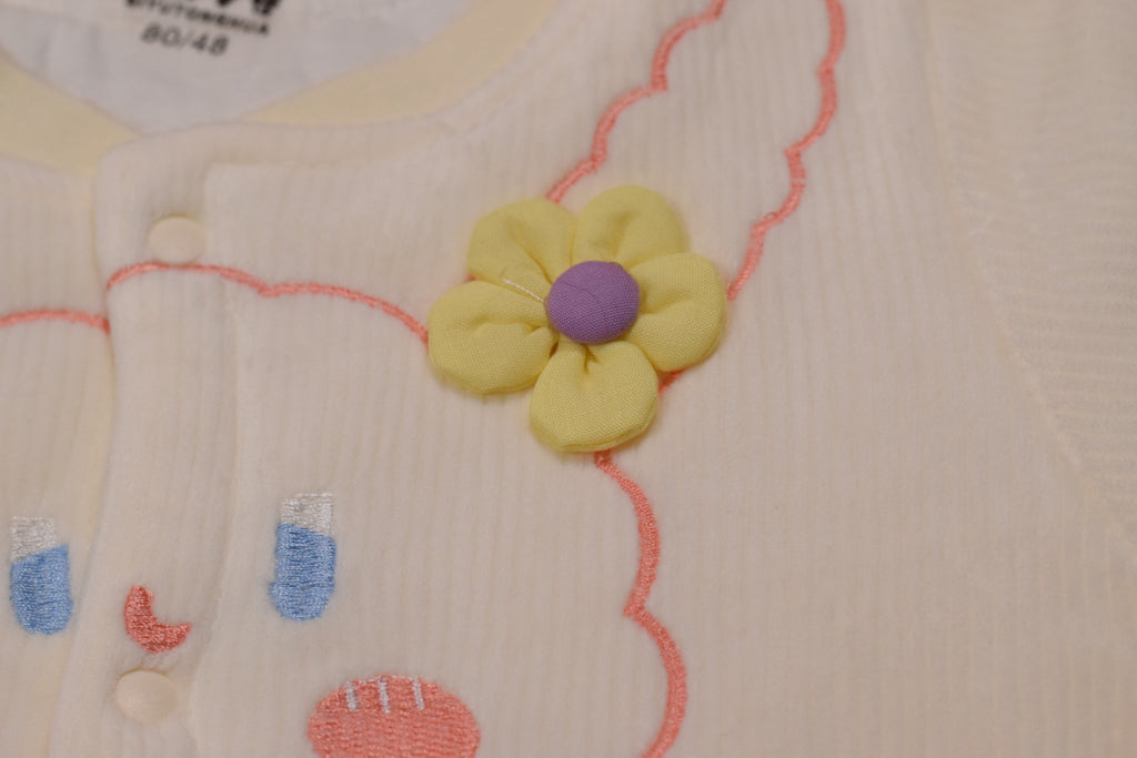 Imported Baby Winter Romper with Button Closure – Light Peach & Cream Bunny Design | 9–12 Months