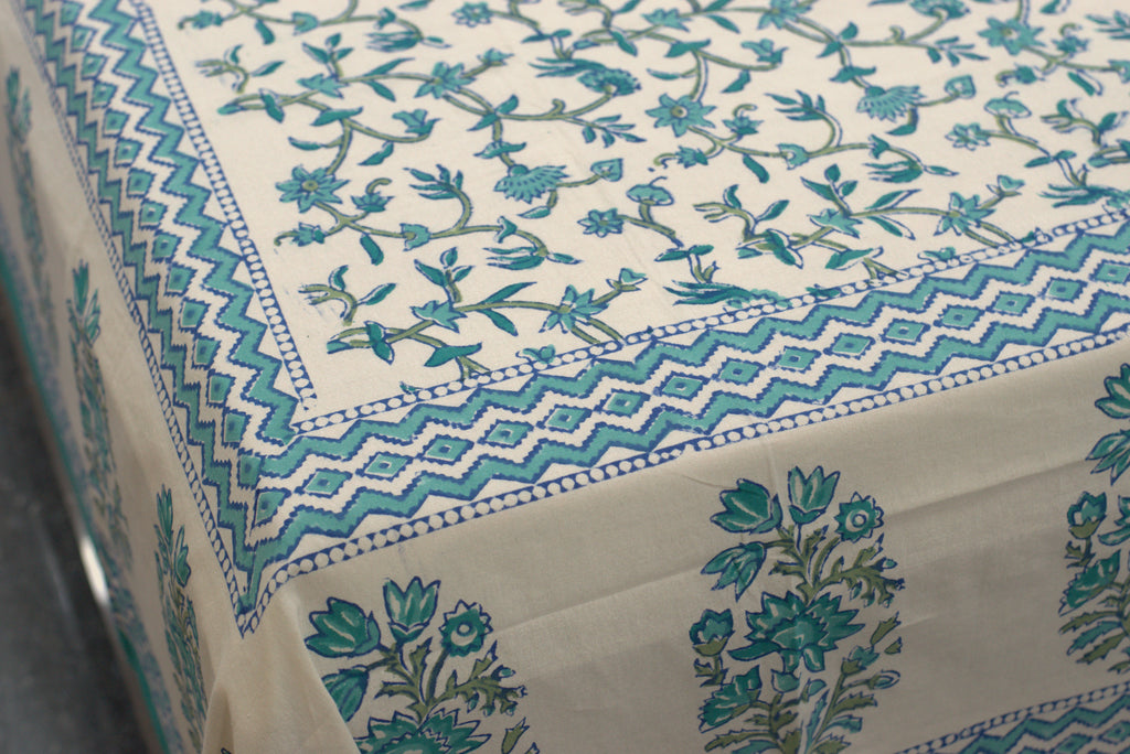 Queen Size Cotton Bedspread – Blue Floral Block Print | 90 × 100 Inches