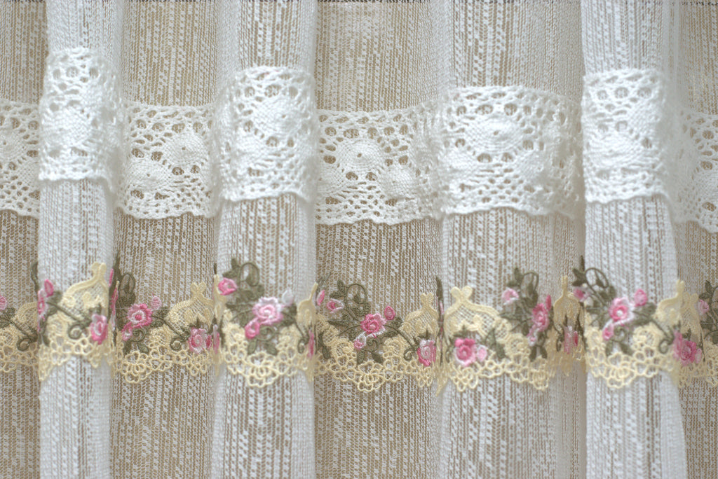 Elegant Sheer Eyelet Curtain with Floral Lace Border – White | 2.10m x 122cm