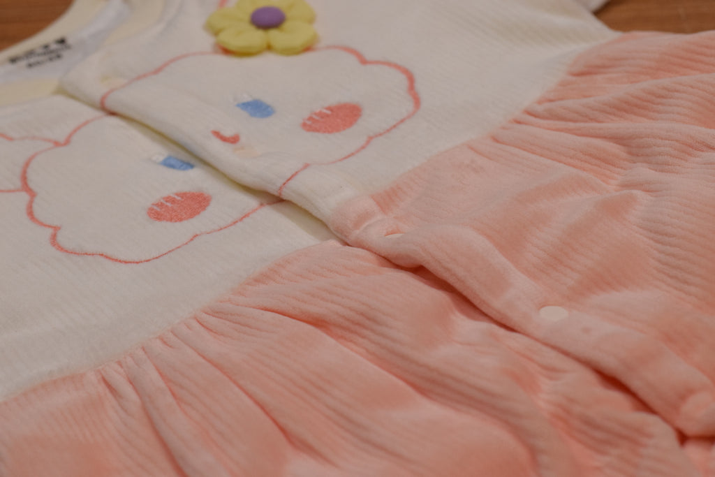 Imported Baby Winter Romper with Button Closure – Light Peach & Cream Bunny Design | 9–12 Months