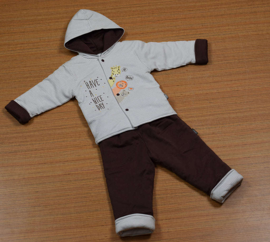 Baby Winter Hooded Sweater Set – Animal Print Jacket & Brown Pants | 2-Piece Outfit (18–24 Months)