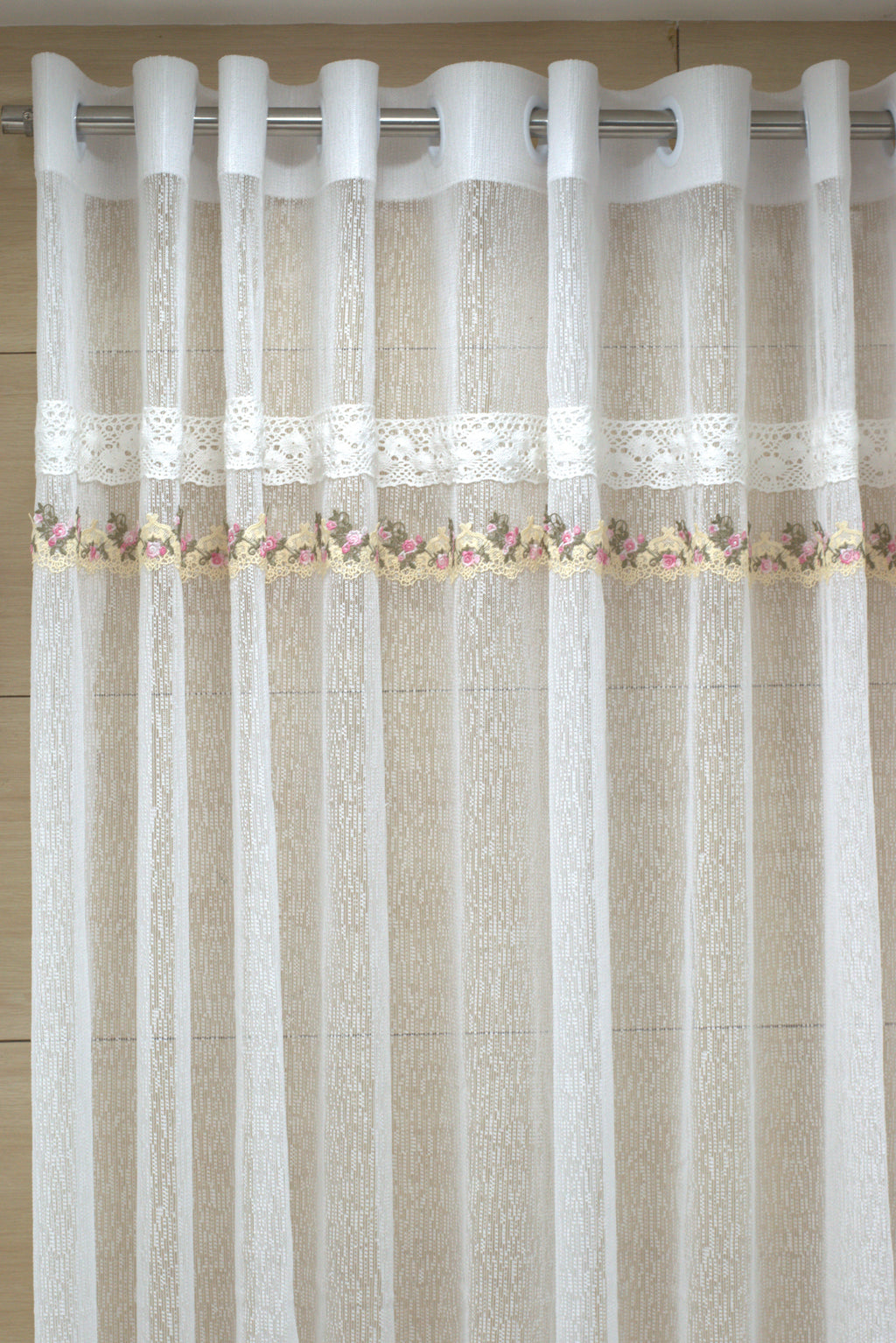Elegant Sheer Eyelet Curtain with Floral Lace Border – White | 2.10m x 122cm