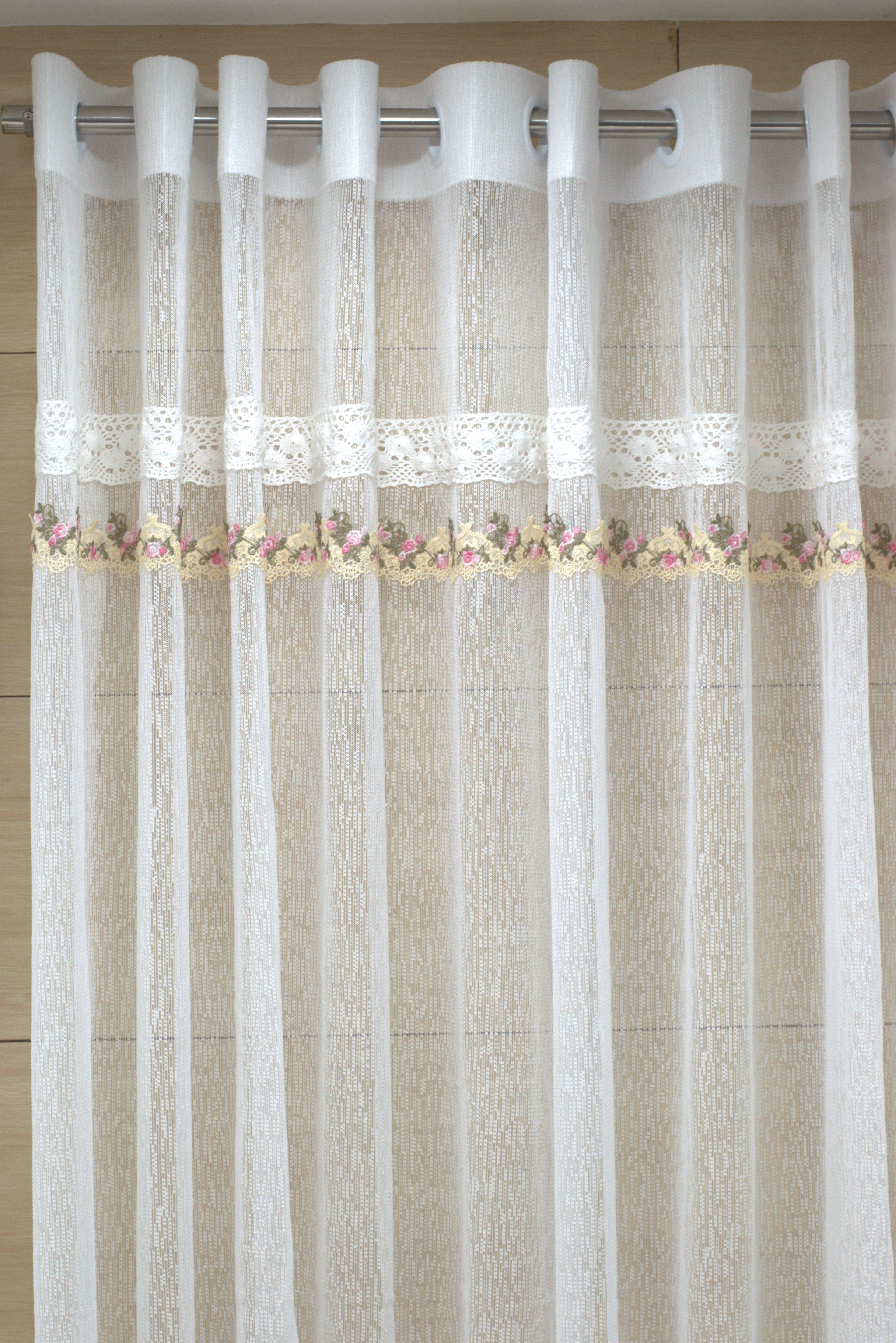 Elegant Sheer Eyelet Curtain with Floral Lace Border – White | 2.10m x 122cm