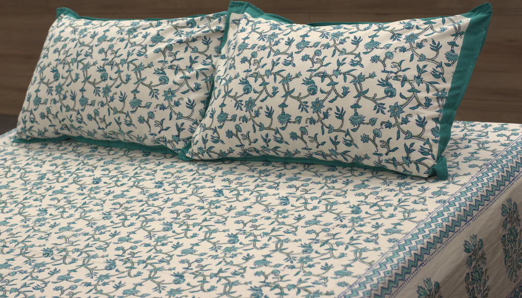 Queen Size Cotton Bedspread – Blue Floral Block Print | 90 × 100 Inches