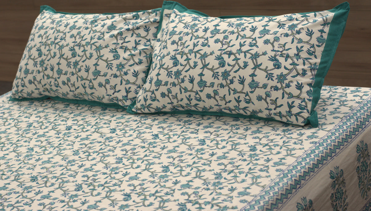 Queen Size Cotton Bedspread – Blue Floral Block Print | 90 × 100 Inches