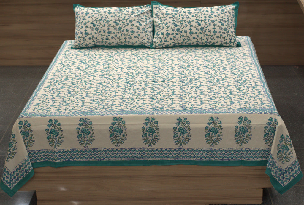 Queen Size Cotton Bedspread – Blue Floral Block Print | 90 × 100 Inches