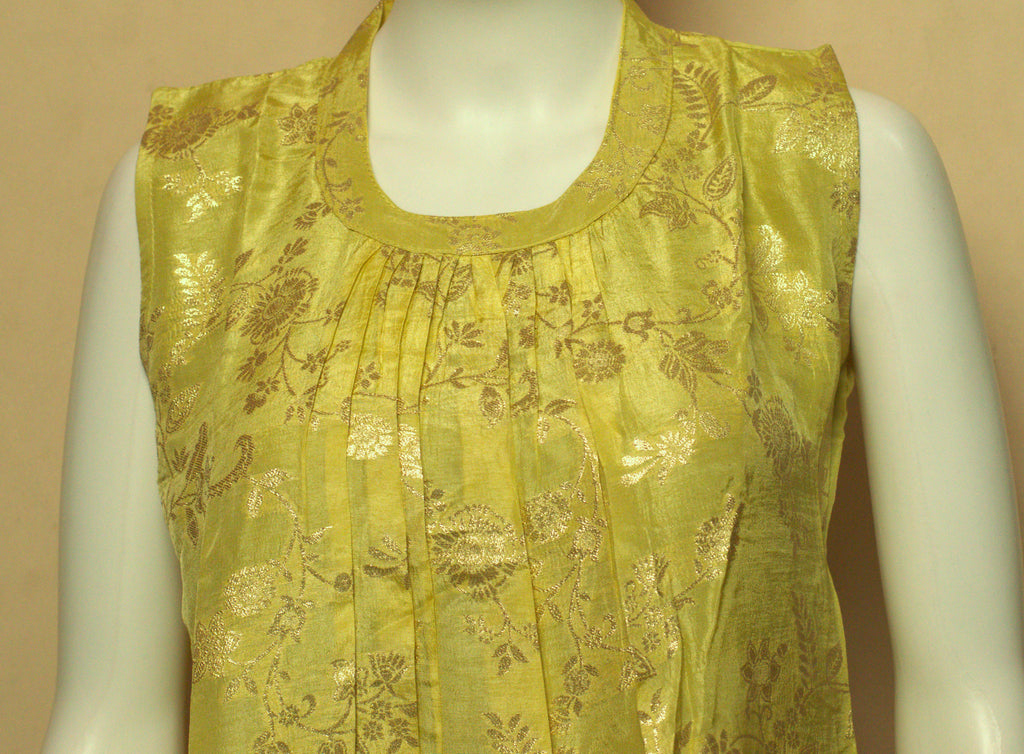 Women's Floral Woven Churidar a line Top with Sleeve Material – Lime Yellow | Round Neck Ethnic Kurti Top