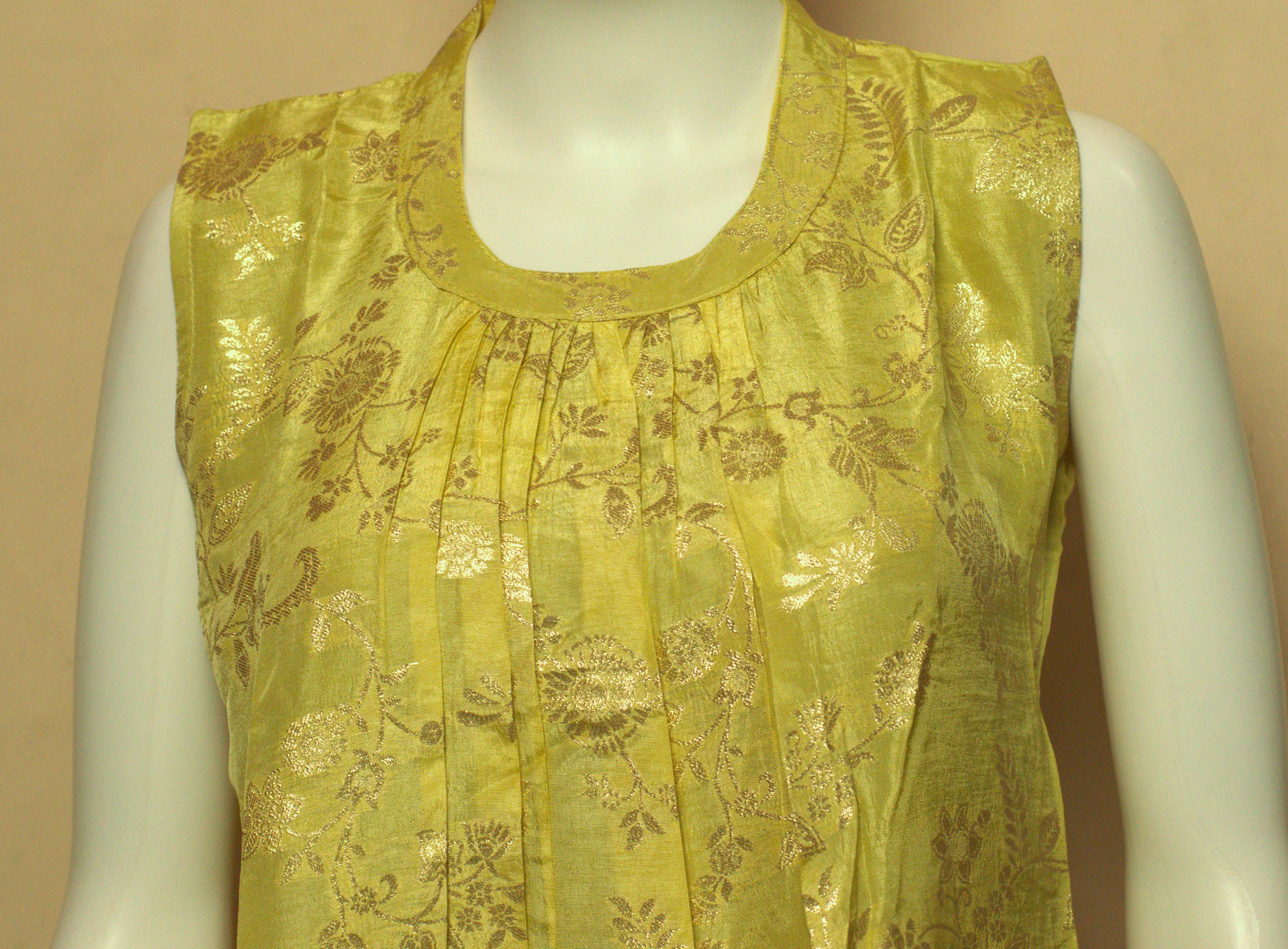Women's Floral Woven Churidar a line Top with Sleeve Material – Lime Yellow | Round Neck Ethnic Kurti Top