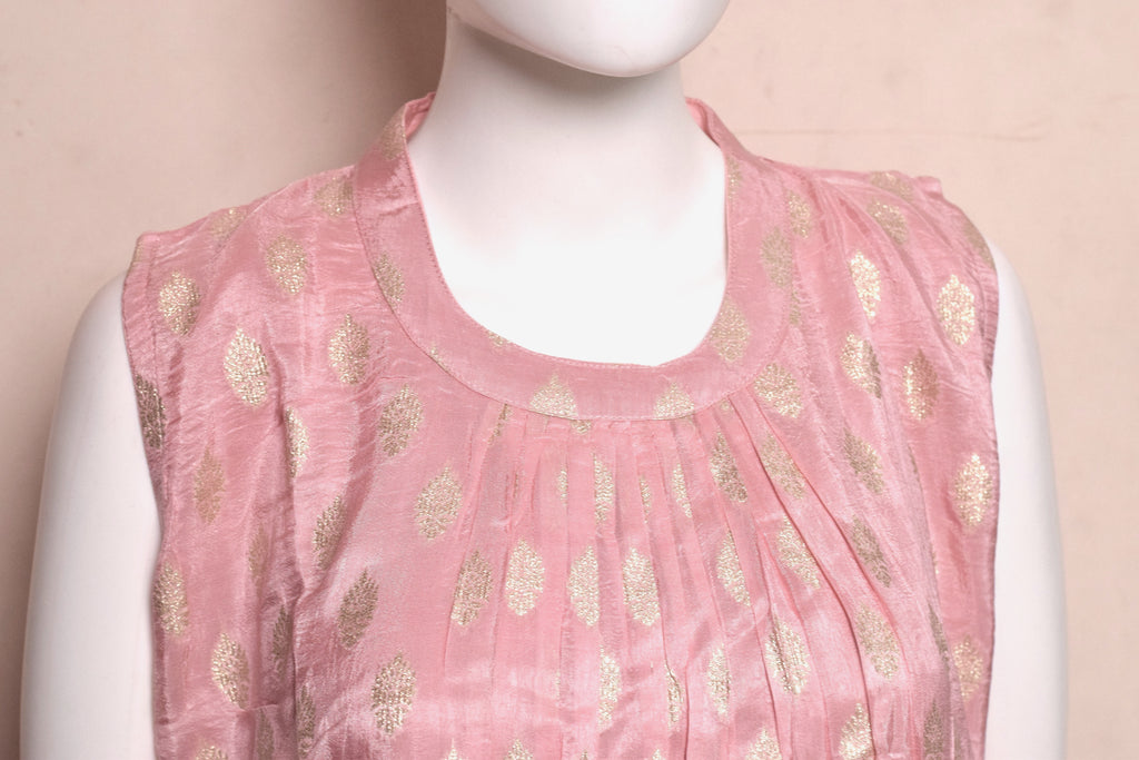 Women's Pink Foil Print Sleeveless Churidar a line Top with Sleeve Material | Ethnic Kurti Top Only