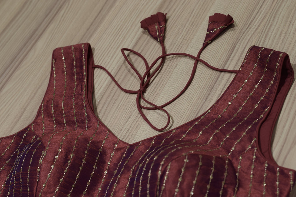 Deep Red Semi-Silk Padded Readymade Saree Blouse with Vertical Sequin Strips & Dori Tie-Up (Sleeve Material Included)