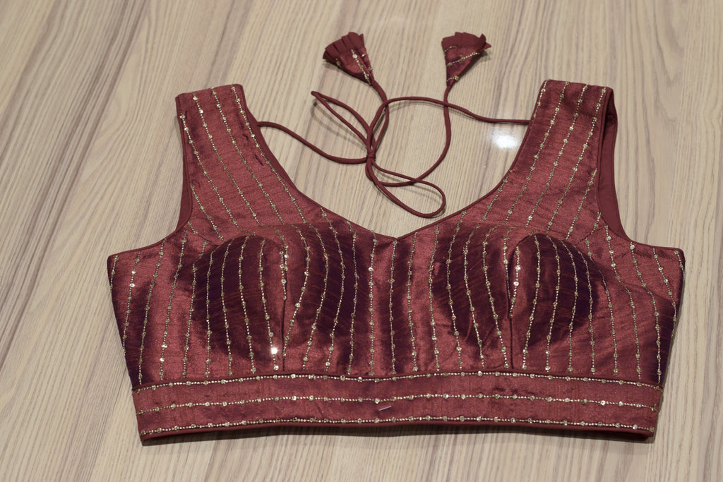Deep Red Semi-Silk Padded Readymade Saree Blouse with Vertical Sequin Strips & Dori Tie-Up (Sleeve Material Included)