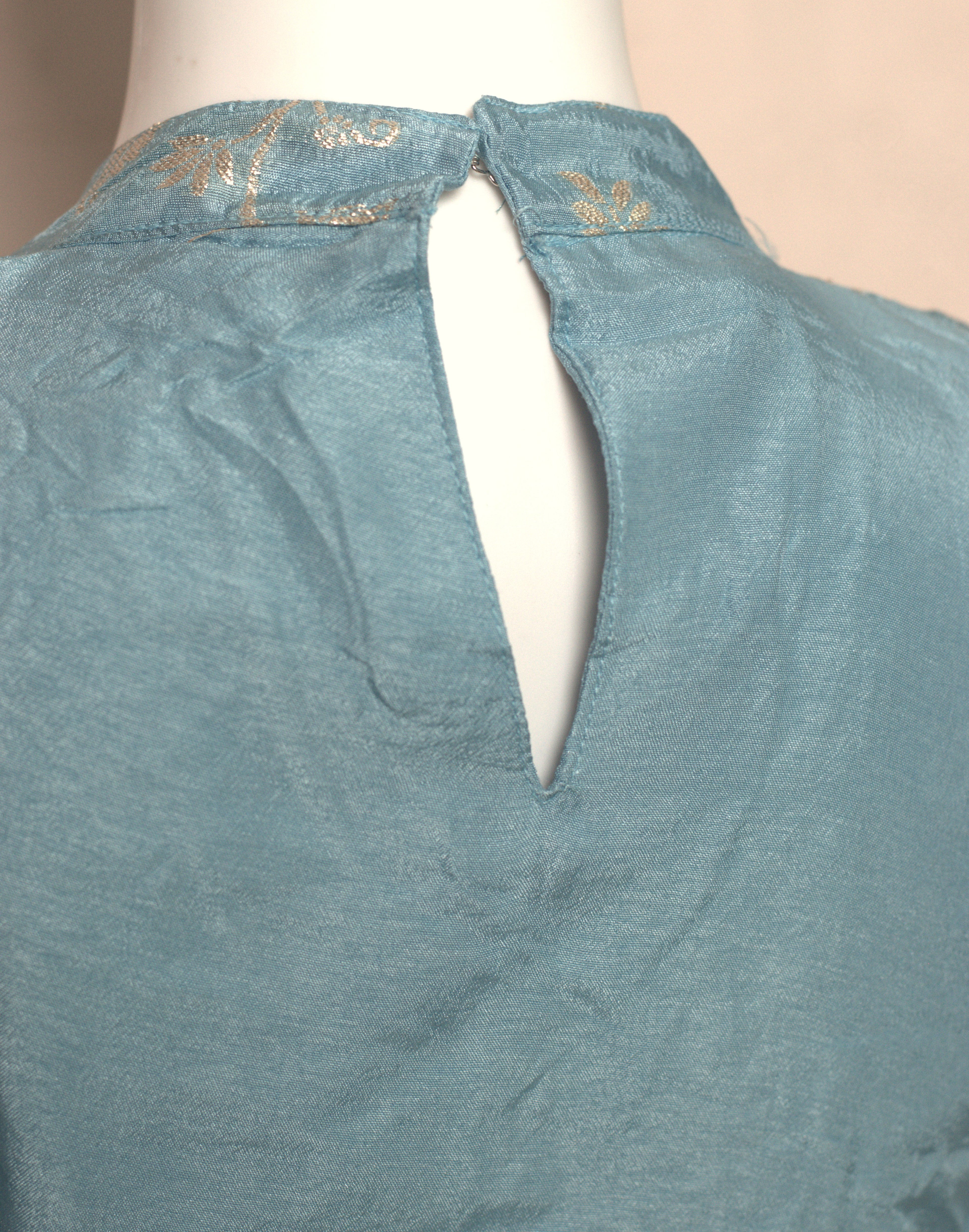 Women's Sky Blue Floral Jacquard Churidar a lineTop with Sleeve Material | Round Neck | Top Only
