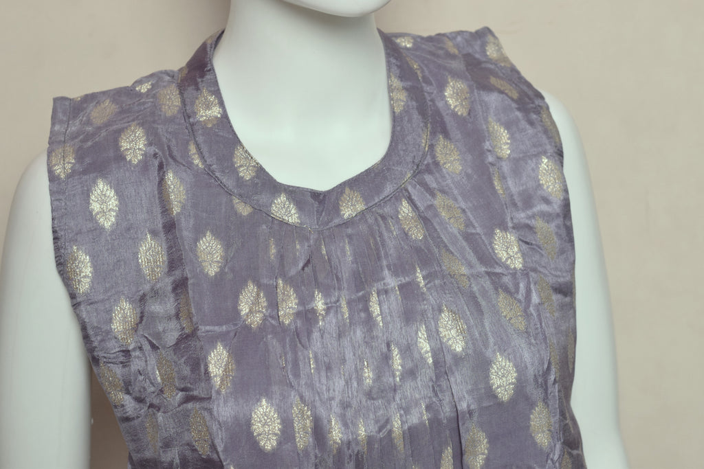 Women's  Woven Churidar Top with Silver Butta Design – Sleeveless Ethnic Kurti (Sleeve Fabric Included)