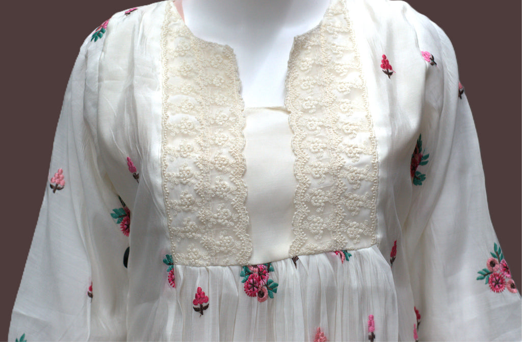Elegant Ivory Floral Embroidered Ladies Top- mul chanderi