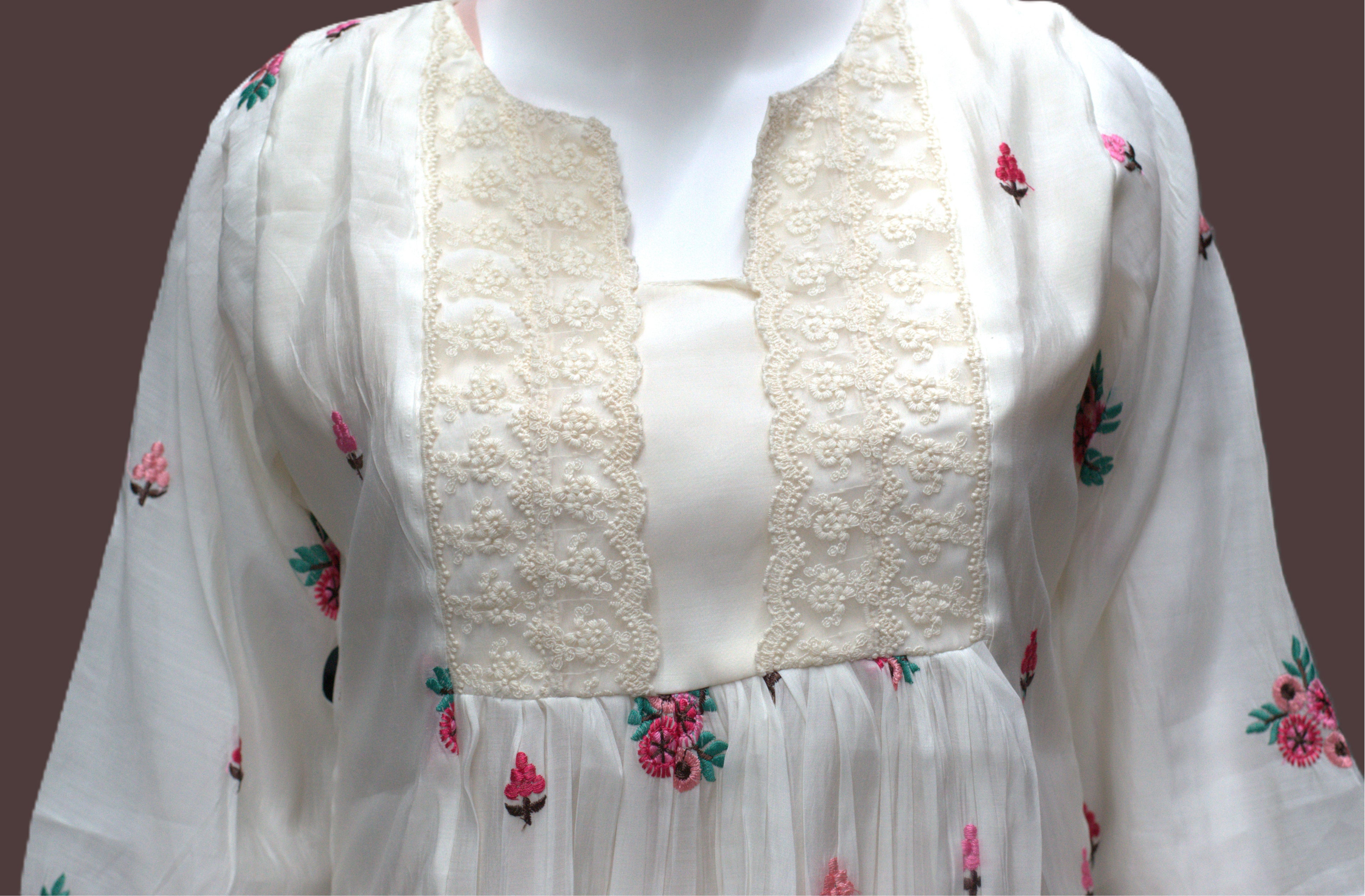 Elegant Ivory Floral Embroidered Ladies Top- mul chanderi