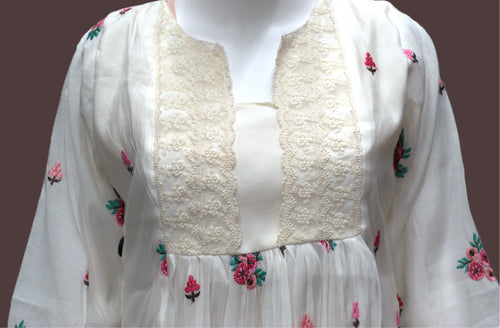 Elegant Ivory Floral Embroidered Ladies Top- mul chanderi