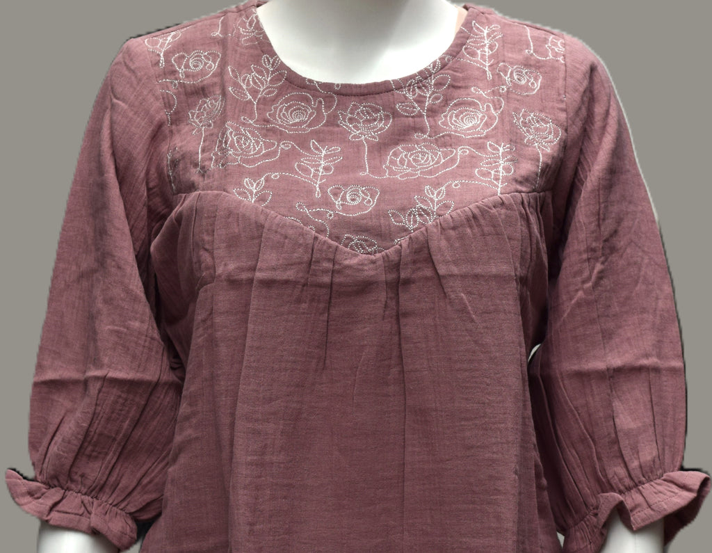 Dusty Rose Embroidered jeans Top – Casual Puff Sleeve Cotton Blend Top