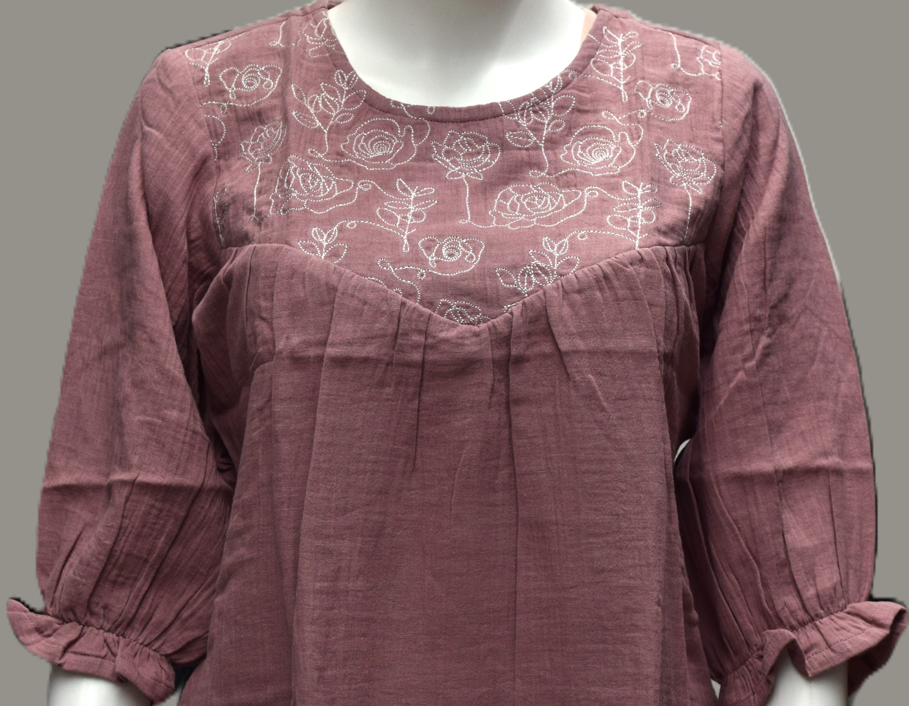 Dusty Rose Embroidered jeans Top – Casual Puff Sleeve Cotton Blend Top