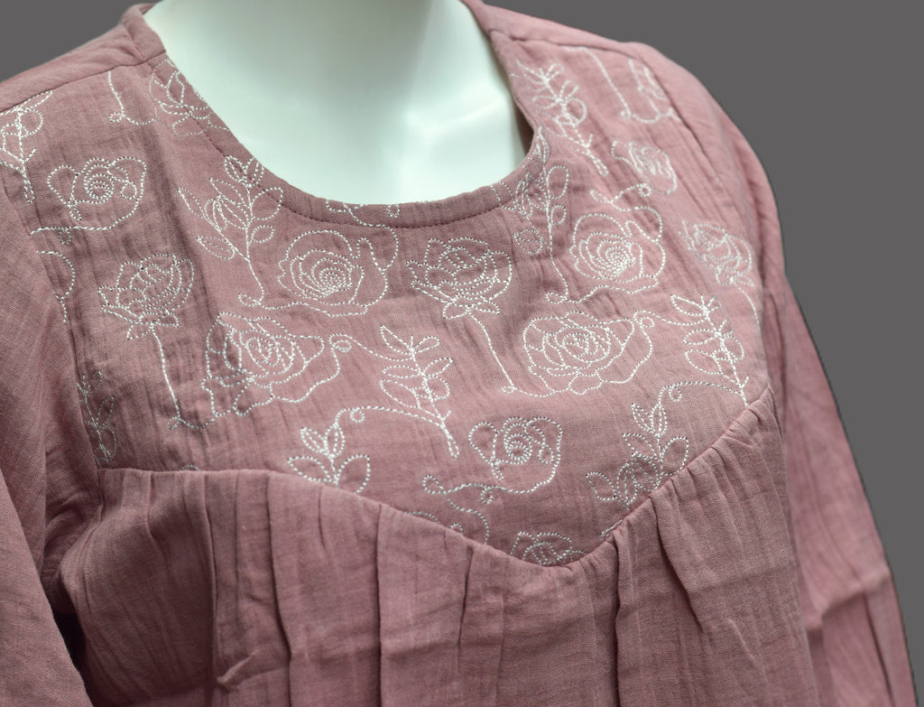 Dusty Rose Embroidered jeans Top – Casual Puff Sleeve Cotton Blend Top