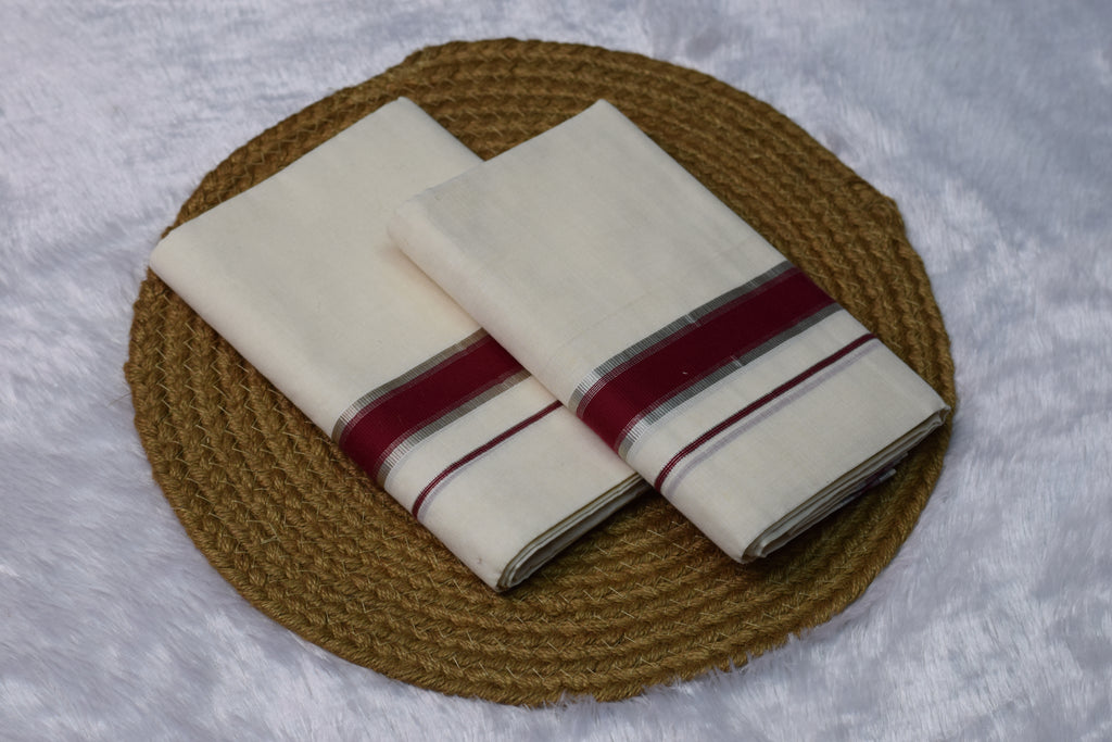 Off-White set mundu with Gold Zari Border & Red Design - Main Product Image - Nushio