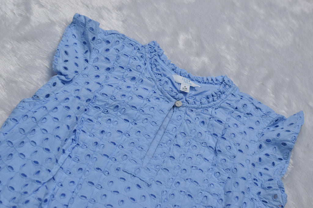 Sky Blue Cotton Eyelet Kids Frock with Ruffle Sleeves