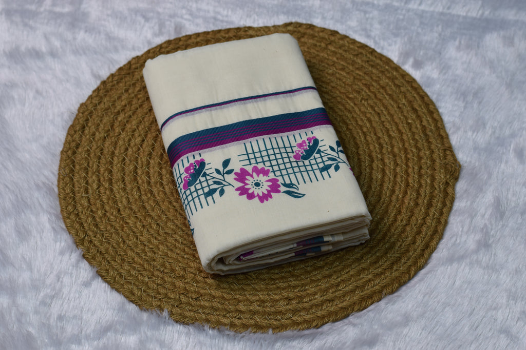 Floral Print Cotton set mundu - Traditional Yet Trendy - Main Product Image - Cotton Floral - Nushio