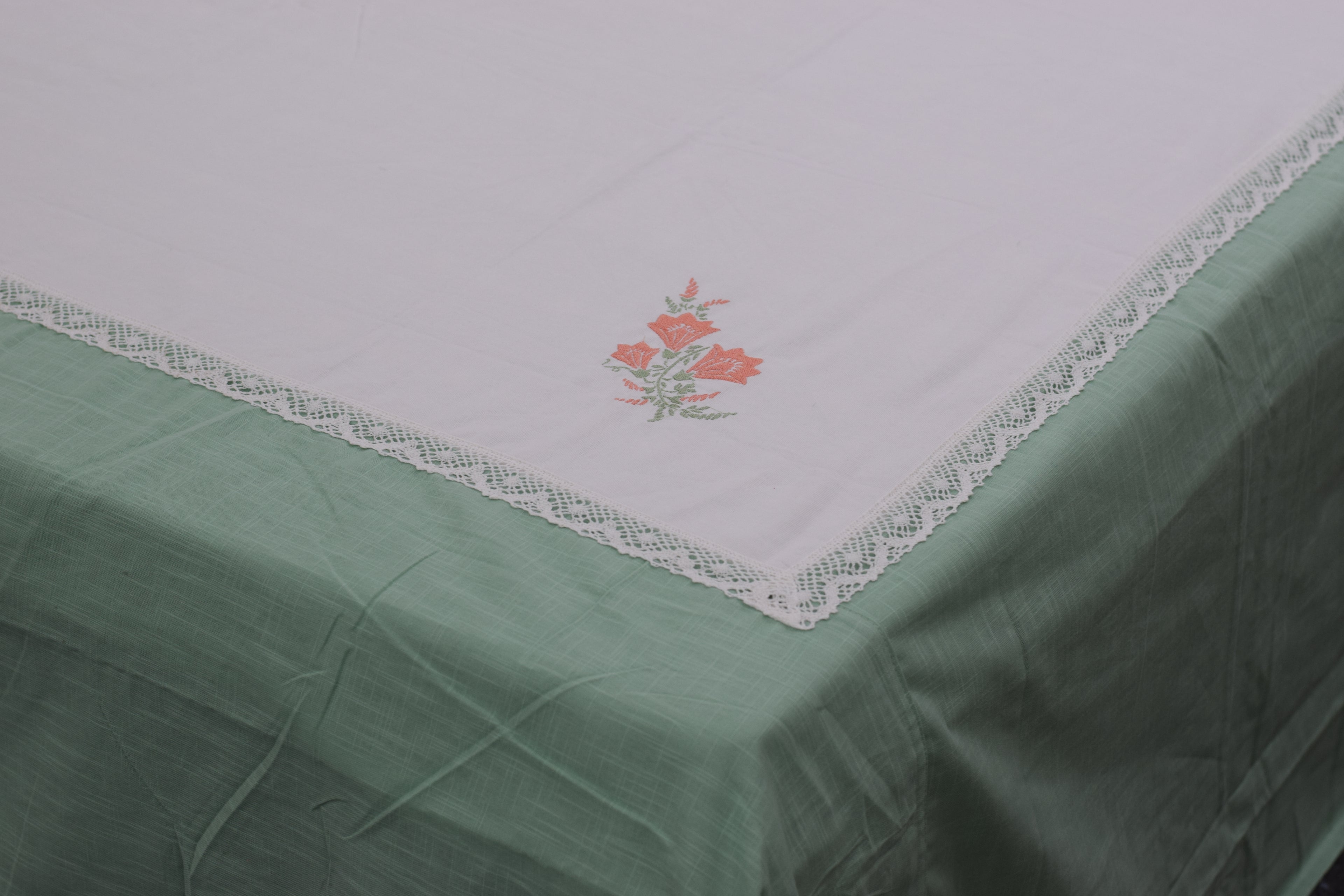 Sage Green Embroidered King Size Bedspread Set with Floral Lace Panel