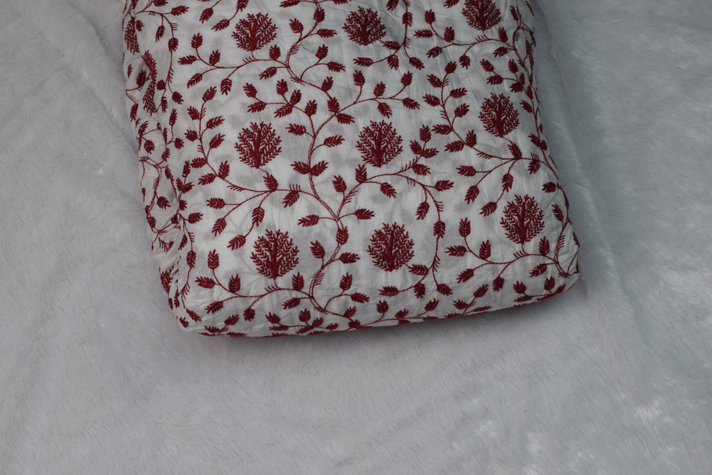 Soft Cotton Embroidered Dress Material – White & Maroon, 3 Meters