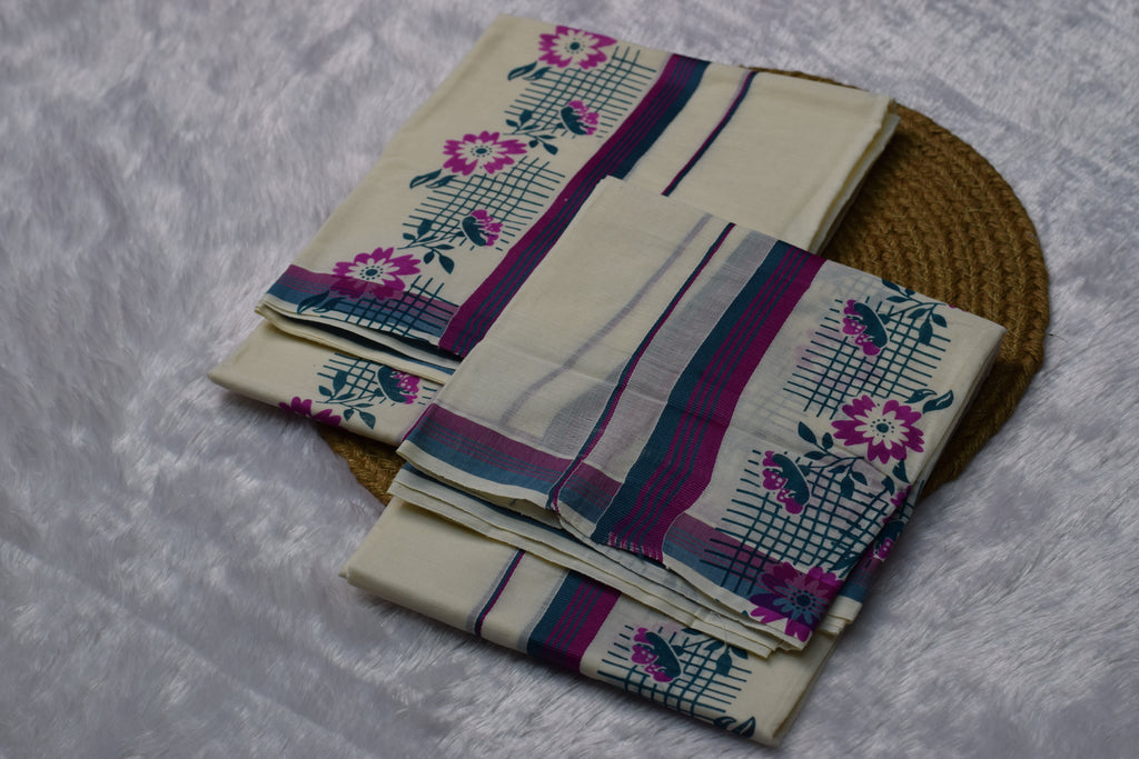 Floral Print Cotton set mundu - Traditional Yet Trendy