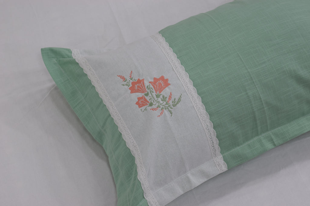 Sage Green Embroidered King Size Bedspread Set with Floral Lace Panel